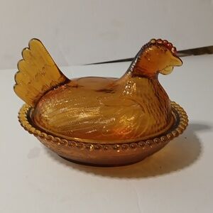 Vintage Indiana Glass Honey Amber Glass Hen On Nest